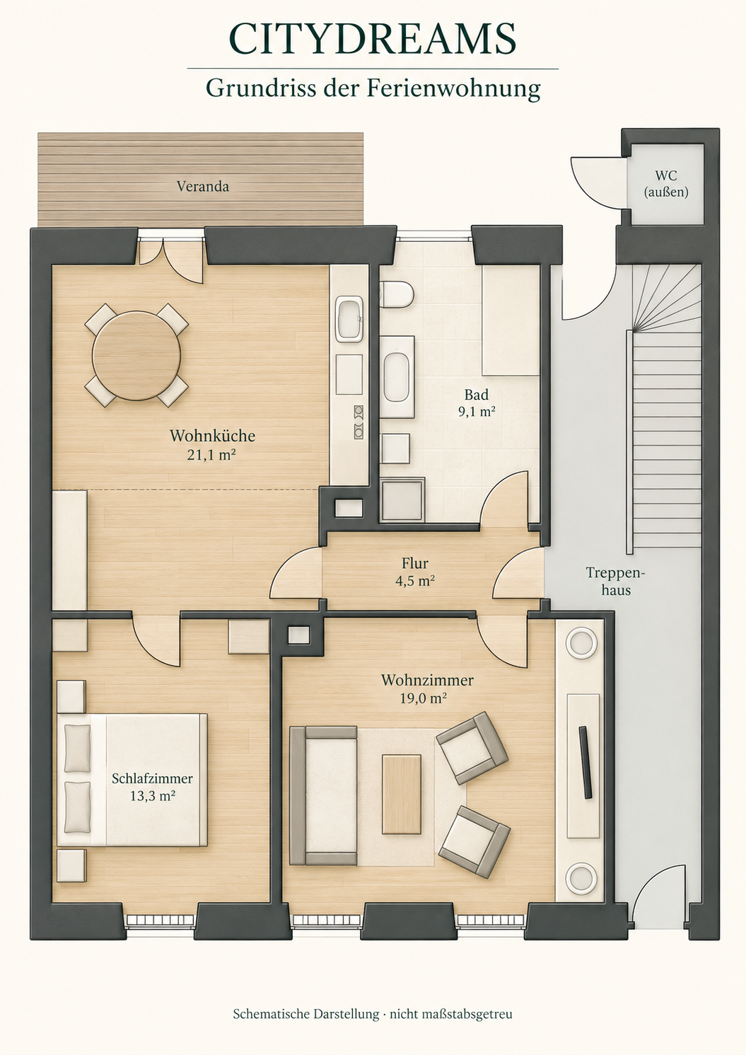 Grundriss: Wohnküche mit Veranda, Schlafzimmer, Wohnzimmer und Bad, verbunden durch den Flur; Treppenhaus rechts.